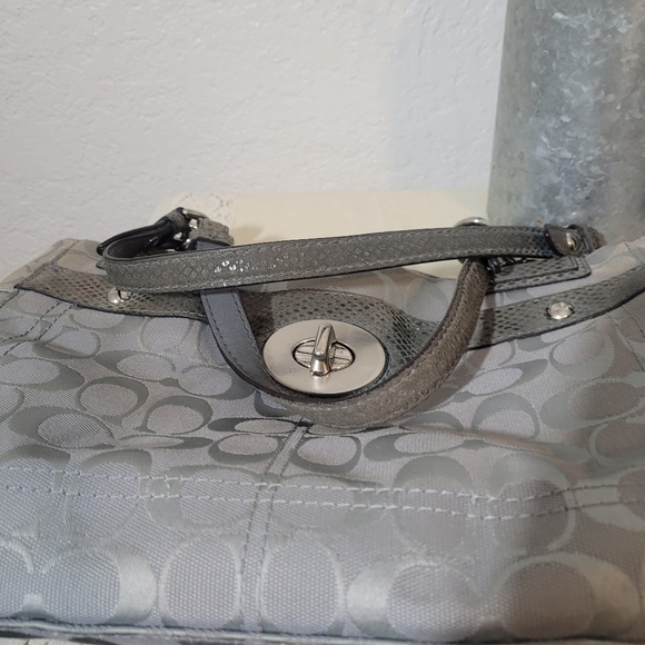 Coach Penelope Grey Signature Logo Carryall Canvas Bag with Embossed Snakeskin - Picture 7 of 14